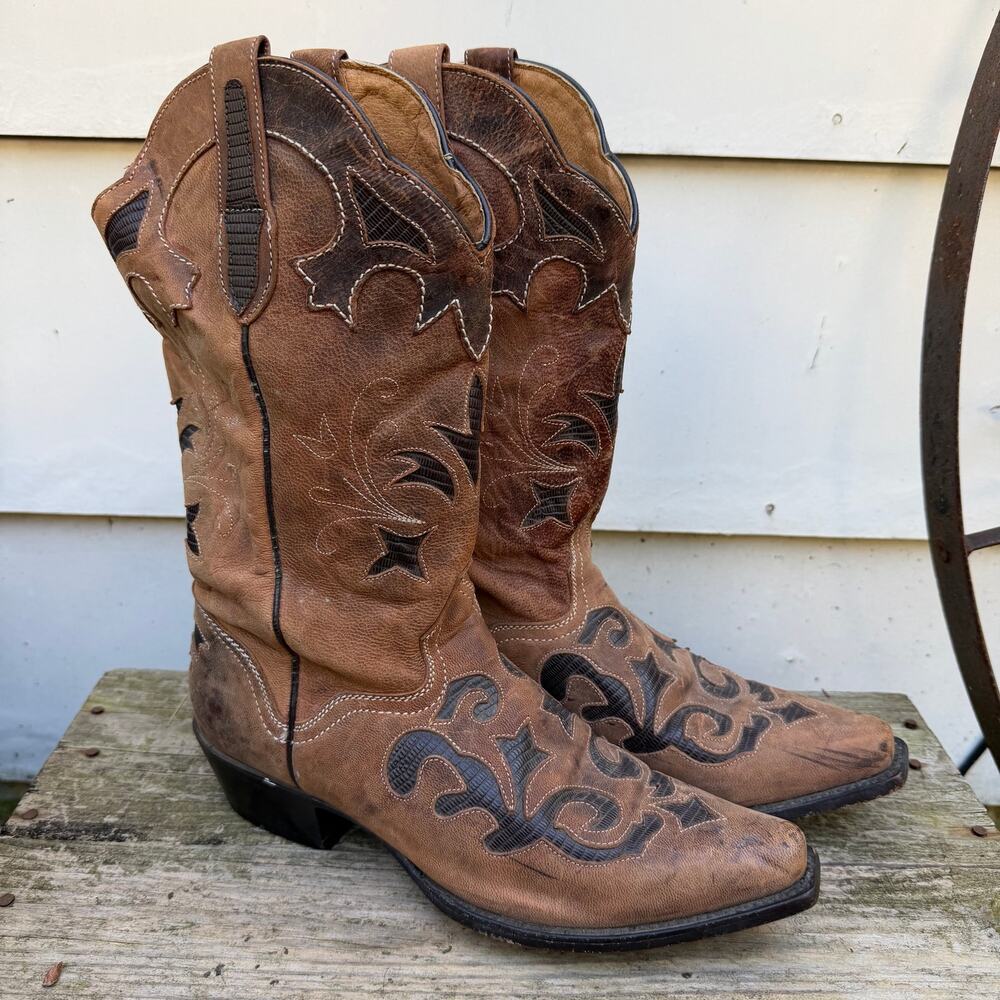 JB Dillon Lizard Scroll Inlay Point Toe Cowgirl Boot 9 1/2B Genuine Goat JBW2213